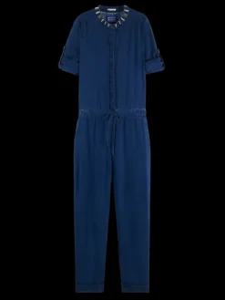 Beaded Collar Denim Jumpsuit