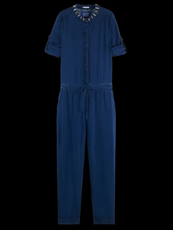 Beaded Collar Denim Jumpsuit