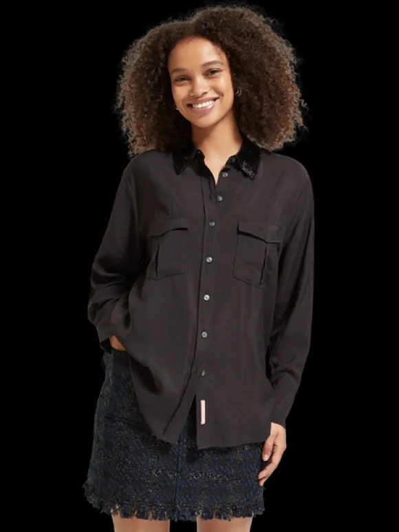 Beaded Collar Relaxed Button Down Shirt