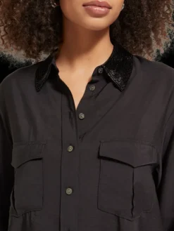 Beaded Collar Relaxed Button Down Shirt