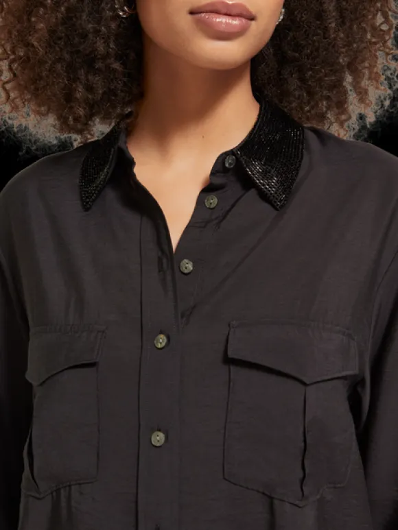 Beaded Collar Relaxed Button Down Shirt