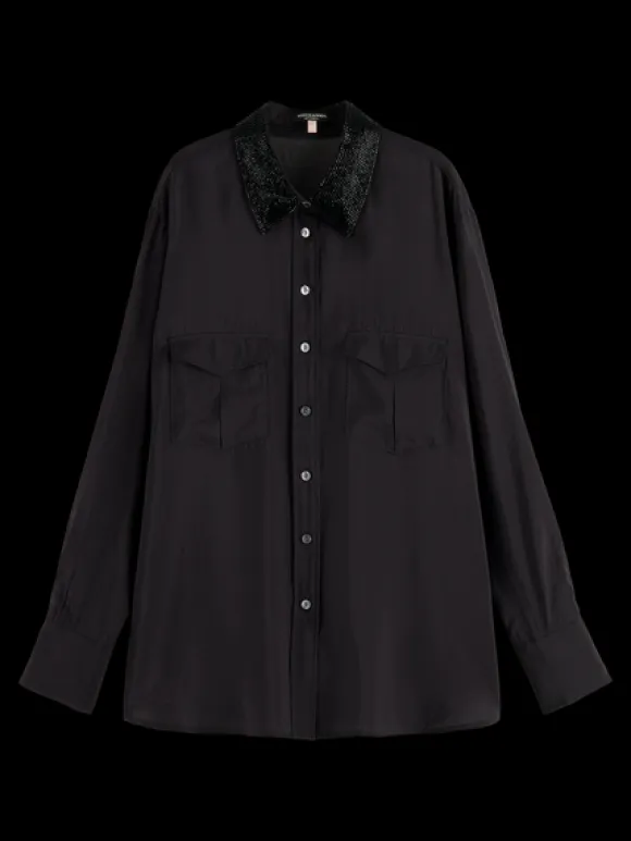 Beaded Collar Relaxed Button Down Shirt