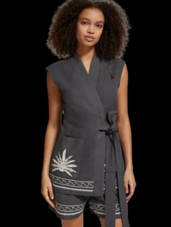 Belted Gilet With Palm Embroidery