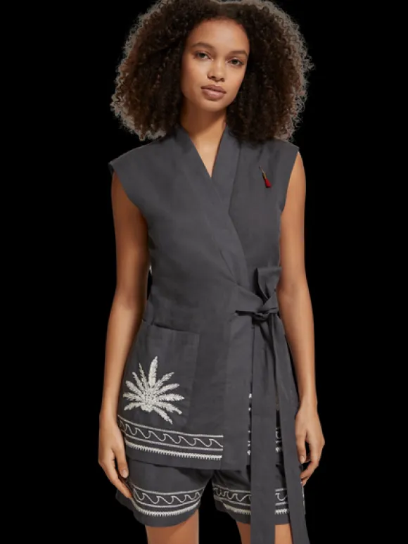 Belted Gilet With Palm Embroidery