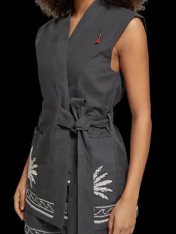 Belted Gilet With Palm Embroidery