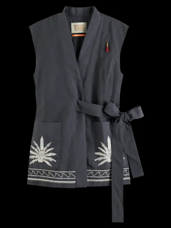 Belted Gilet With Palm Embroidery