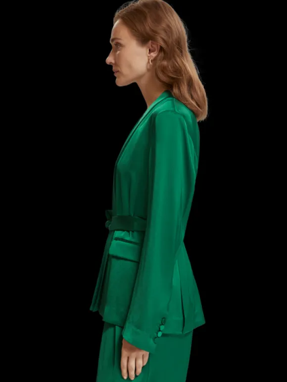 Belted Satin Single Breasted Blazer