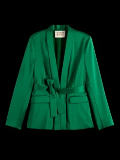 Belted Satin Single Breasted Blazer