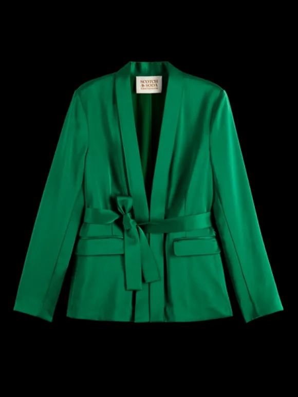 Belted Satin Single Breasted Blazer