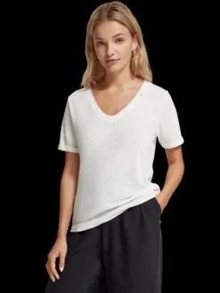 Embroidered Detail V Neck T-Shirt