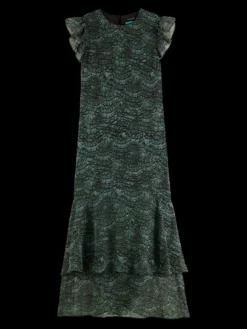 Feather Printed Midi Flounce Dress