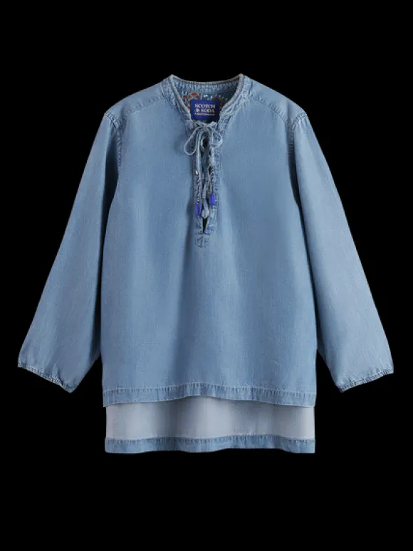 Lace Up Denim Washed Shirt