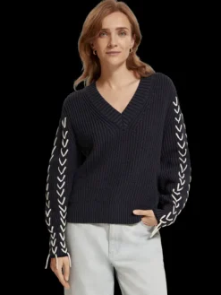 Lace Up Sleeve V-Neck Pullover