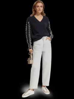 Lace Up Sleeve V-Neck Pullover