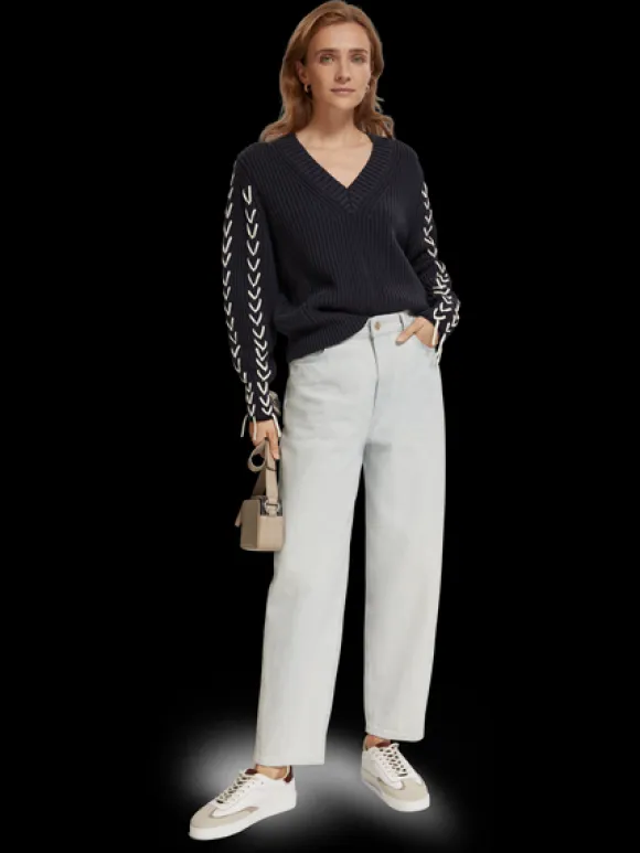 Lace Up Sleeve V-Neck Pullover