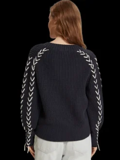 Lace Up Sleeve V-Neck Pullover