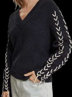 Lace Up Sleeve V-Neck Pullover