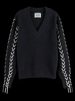 Lace Up Sleeve V-Neck Pullover