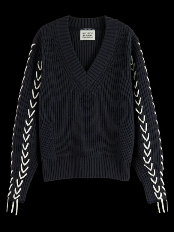 Lace Up Sleeve V-Neck Pullover