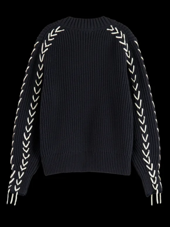 Lace Up Sleeve V-Neck Pullover