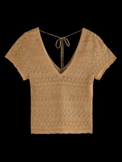 Metallic Pointelle V-Neck Knit Pullover