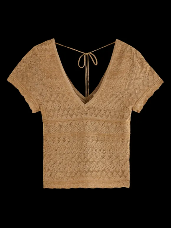 Metallic Pointelle V-Neck Knit Pullover