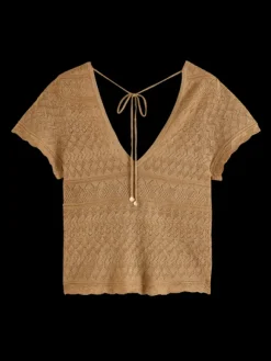 Metallic Pointelle V-Neck Knit Pullover
