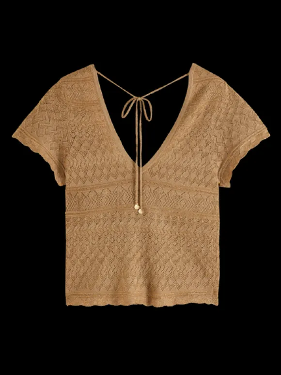 Metallic Pointelle V-Neck Knit Pullover