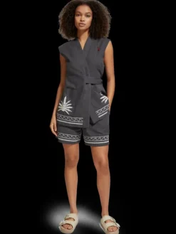Palm Embroidered High Rise Linen Short