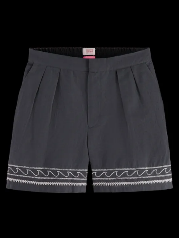 Palm Embroidered High Rise Linen Short