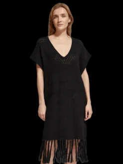 Pointelle Stitch Knit Dress With Fringing