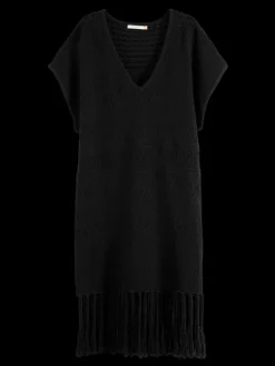 Pointelle Stitch Knit Dress With Fringing
