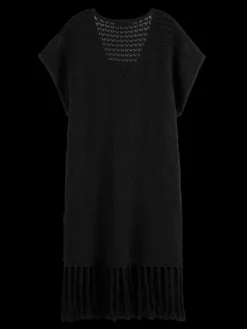 Pointelle Stitch Knit Dress With Fringing