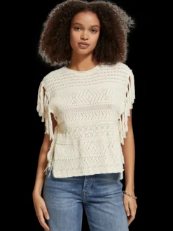 Pointelle Stitch Knitted Tank With Fringing