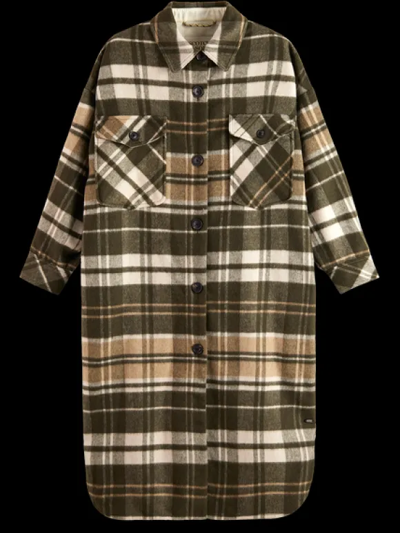 Wool Blend Check Long Shirt Jacket